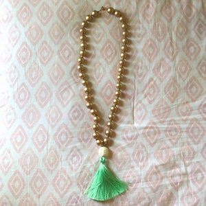 Gold Boho Necklace with Large Mint Tassel